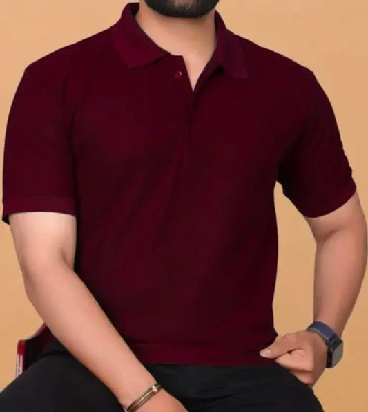 Men Solid Polo Neck Pure Cotton Maroon T-Shirt